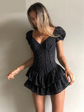 Fashion V Neck Ruffles Pleated Dress Women Puff Sleeve Chic Black Summer Dress Party Hollow Out Vintage Corset Ladies